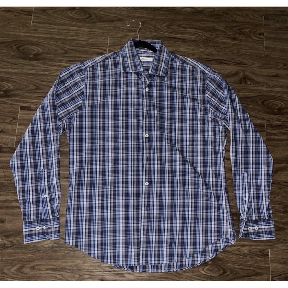 Peter Millar Shirt Mens L Blue Plaid Stretch Long Sleeve Button Up Casual Woven